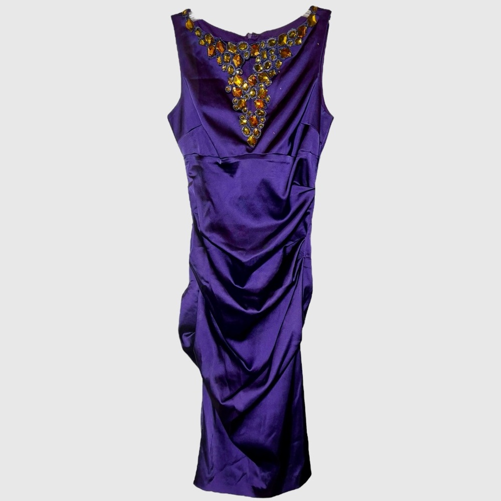 Cache Ruched Bodycon Dress Purple Satin Beaded 8 Formal Party Evening